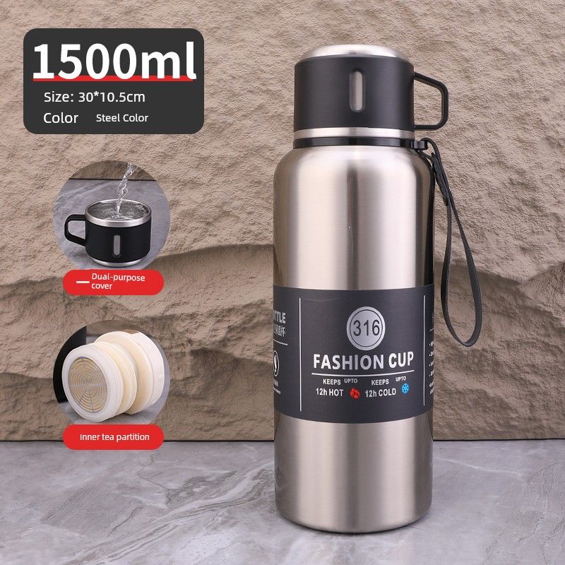 Large-Capacity Thermos Cup for Car Use, 316 Stainless Steel Water Cup for Men, Outdoor Portable Sports Thermos, Student Cup 1L
