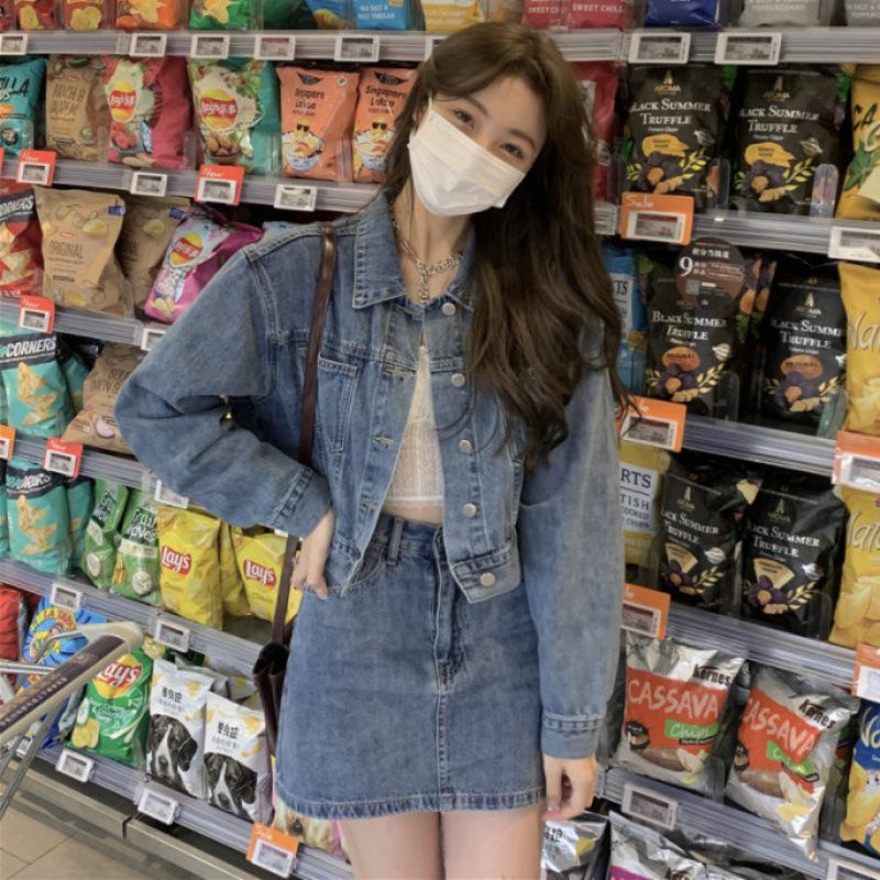 Retro Street Style Women s Denim Jacket & High-Waist Skirt Set S