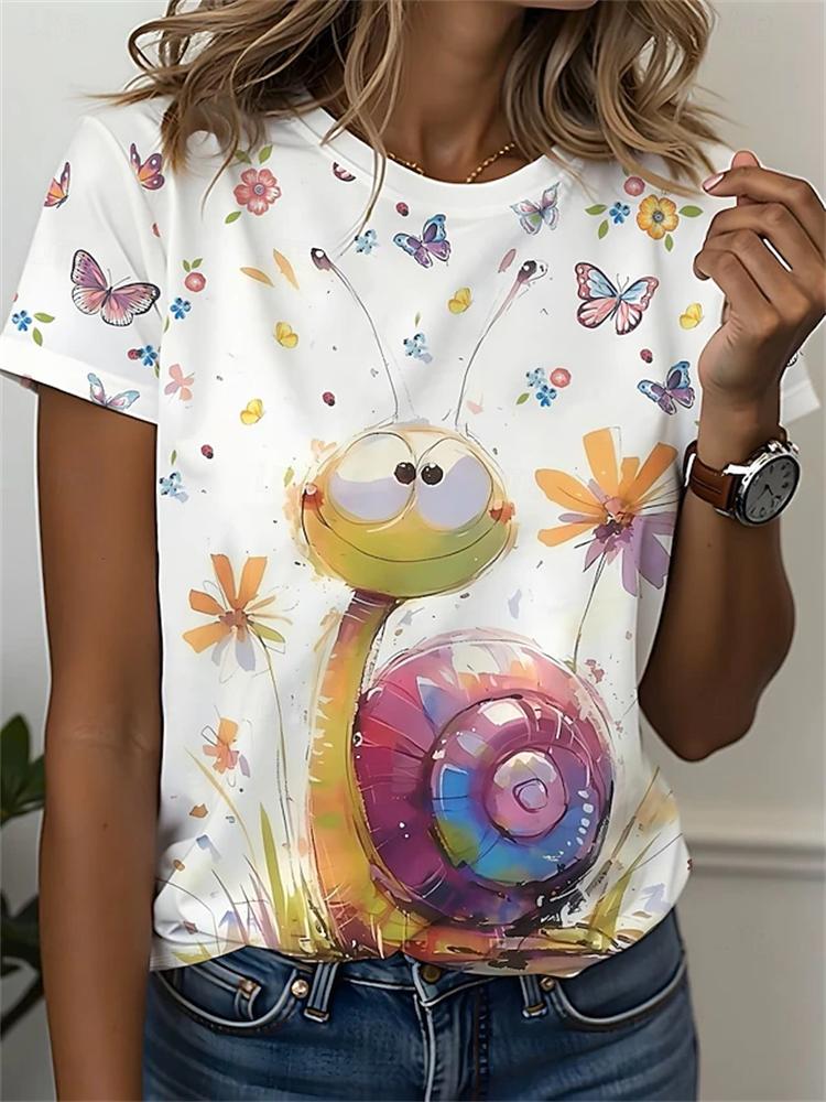 Women's Summer Round-Neck Casual T-Shirt: Artistic Short-Sleeve T-Shirt with Abstract Line Dog Print Minimalist Streetwear Top