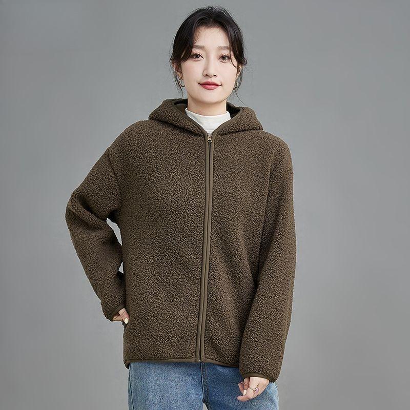 Women Faux Lamb Fleece Hooded Windproof Short Coat Autumn Winter Jacket