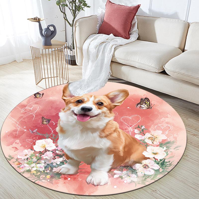 Pink Corgi pattern round rug,Carpet Rug for Living Room Bedroom  Playroom ,Non-slip Floor Mat,Holiday Gifts and Birthday Gifts.