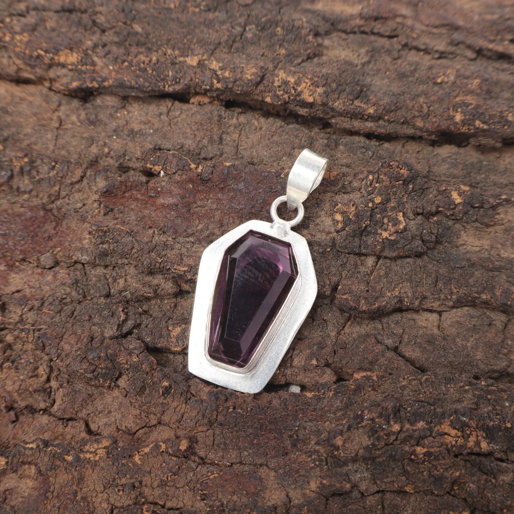Coffin Amethyst Gemstone 925 Silver Daughter Gift Art Deco Handcrafted Pendant PP-53-2