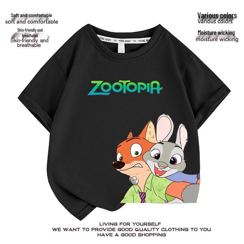 Kids' Zootopia Cartoon T-Shirt - Short Sleeve, Pure Cotton, Stylish Summer Top for Boys and Girls