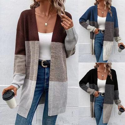 Herbstmode Vintage Langarm Strickjacken Jacke Damen Spleißfarben V-Ausschnitt Locker Winter Gestrickte Strickjacke Damen Übergröße Lässiger Pullover 25186