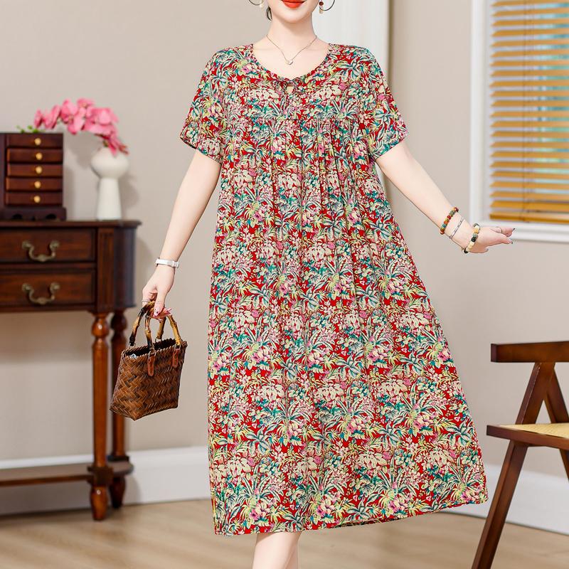Plus Size Elegant Loose Dresses for Women Oversize Short Sleeve Vintage Print Long Dress Casual Middle-aged Women's Clothing