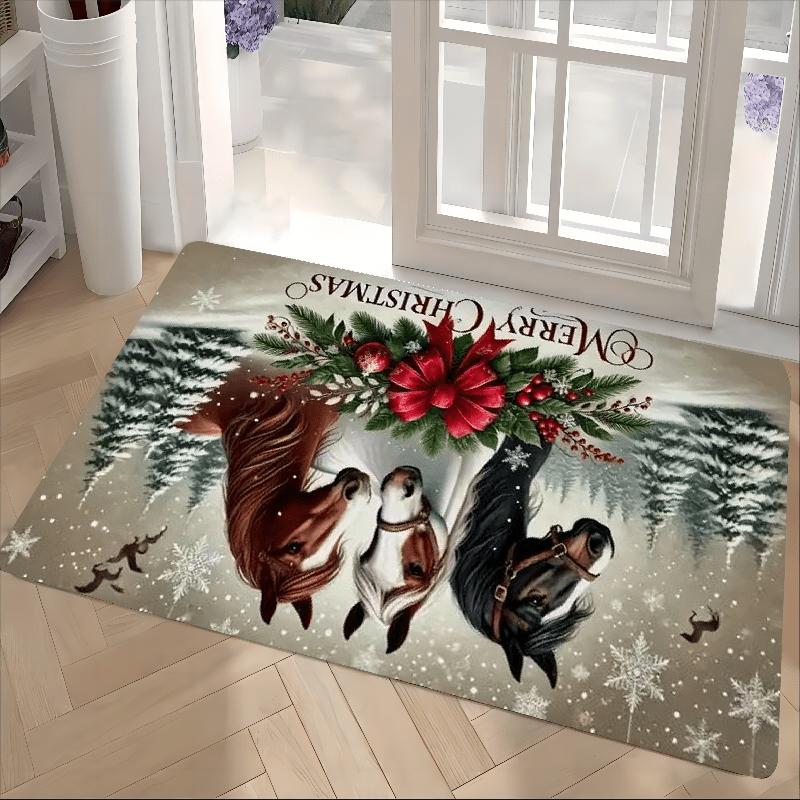 1Pcs Anti Fatigue Kitchen Rugs, Christmas Horse Print Waterproof Non-Slip Thick Cushioned Kitchen Mat Heavy Duty Comfort Standing Mat for Kitchen