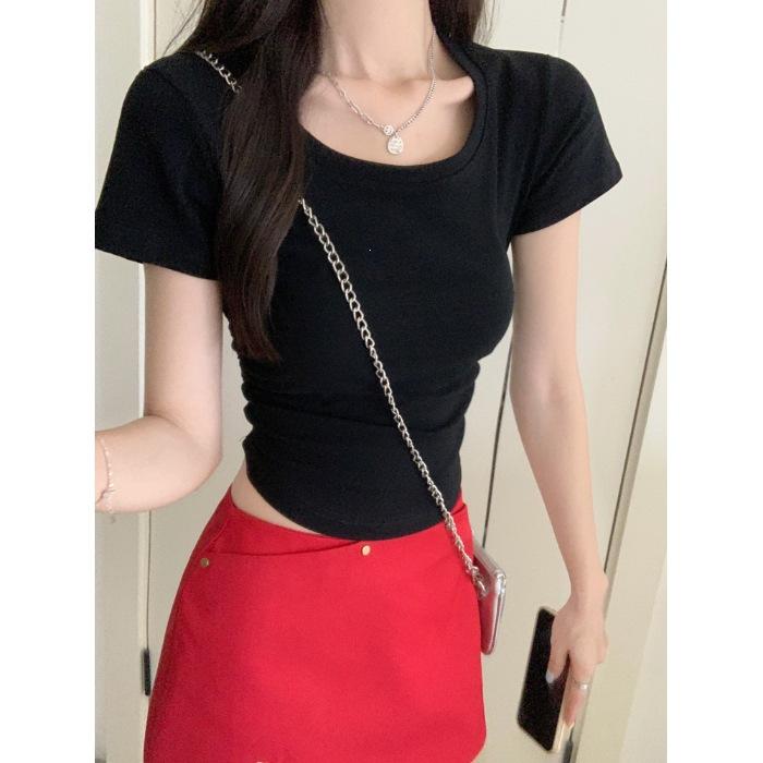 

Special big goods round neck leakage clavicle slim fit waist short sleeve women s summer temperament thin pure desire slim top S чёрный