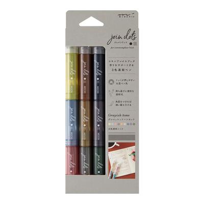 Midori Joint Dots Connecting Grayish 38142006 Water-Based Pen, 3-Color Pen, Tone,