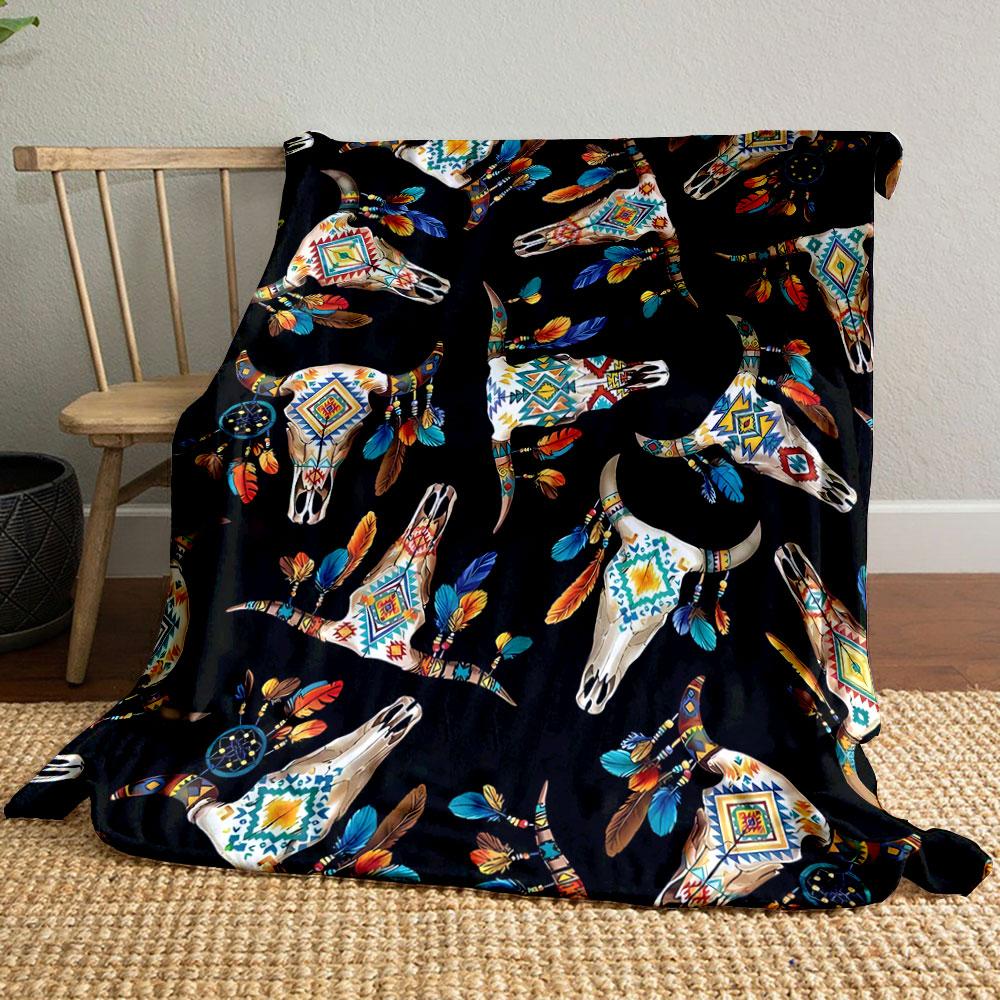 Bohemian Cow Skull Feather Blanket Bedroom Blanket for Livingroom Couch Lunch Break Soft Throw for Friend's Festival Gift