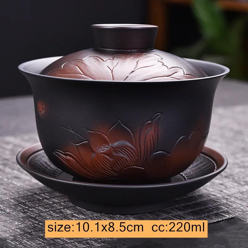 Vintage Purple Pottery Gaiwan Pot Bearing Chinese Handmade Tea Bowl Teacup Beauty Tea Infuser Household Travel Personal Teaware