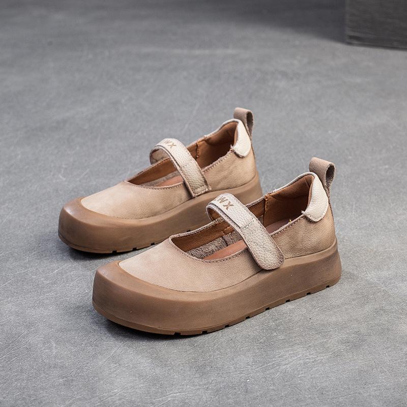 Johnature Casual Thick Soled Shoes Round Toe Genuine Leather Comfortable Women's Flat Platform Shoes