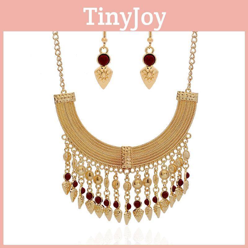 Tassel Fashion Necklace Eardrop Set With Layered Chain And Details Gemstone