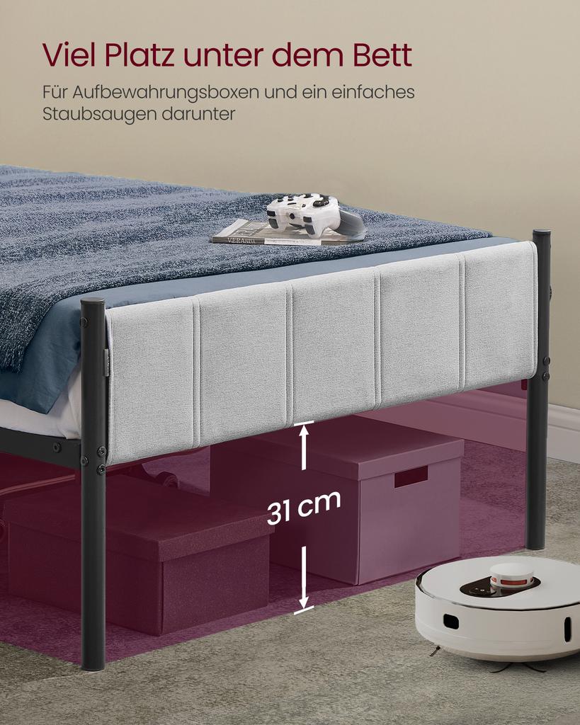 VASAGLE Single Bed Frame 90x200 Cm with Upholstered Headboard, Steel Bed Frame, Supports Up To 250 Kg, Easy Assembly, Dove Grey RMB972G01
