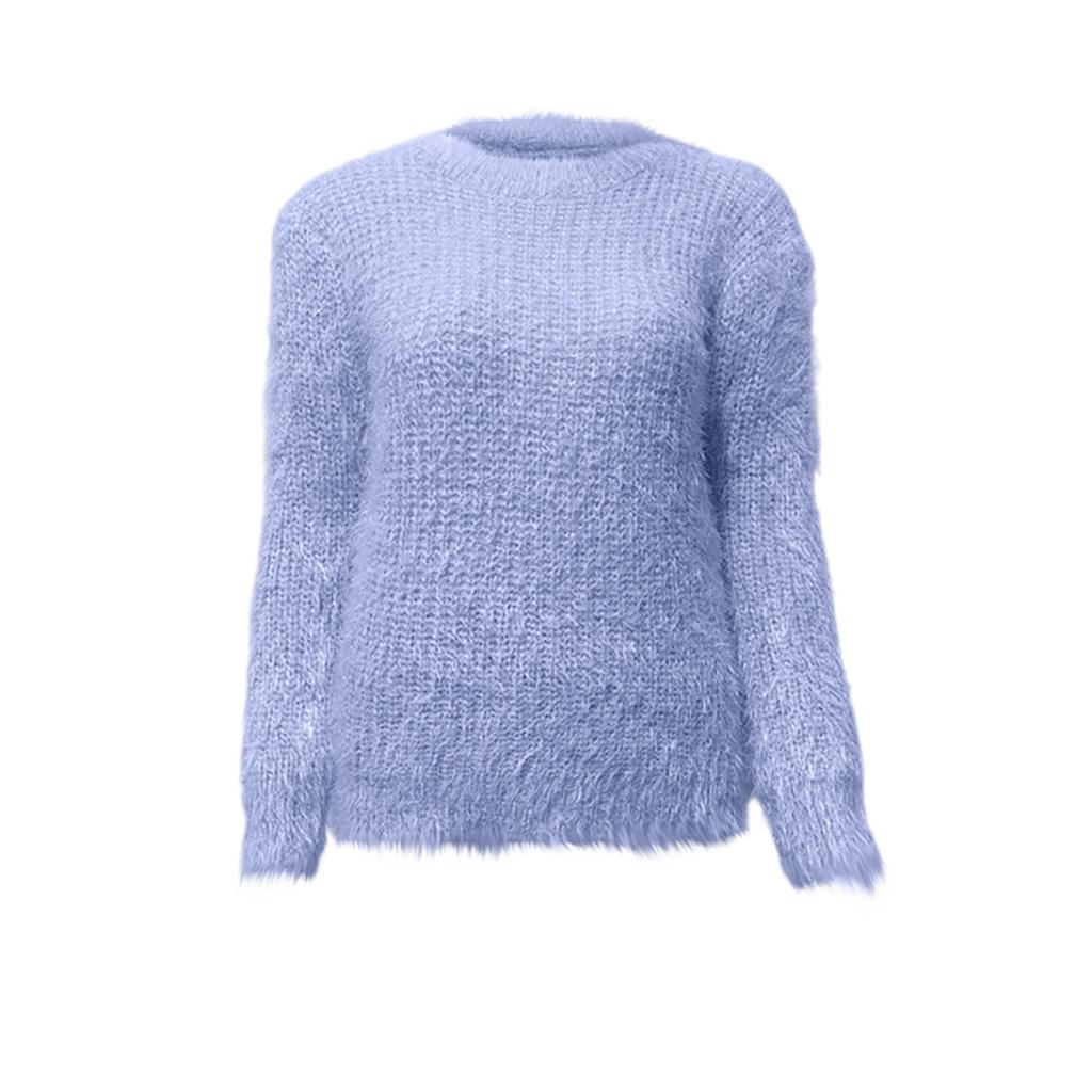 Women's Winter Mohair Candy Color Long Sleeves O-Neck Knit Top Sweater