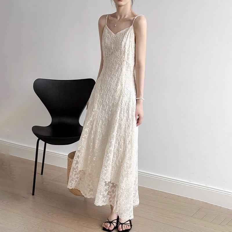 Camisole Dress Summer Lace Sexy Embroidery Crushed Flower Skinny Peplum Vacation Seaside Beach Dresses