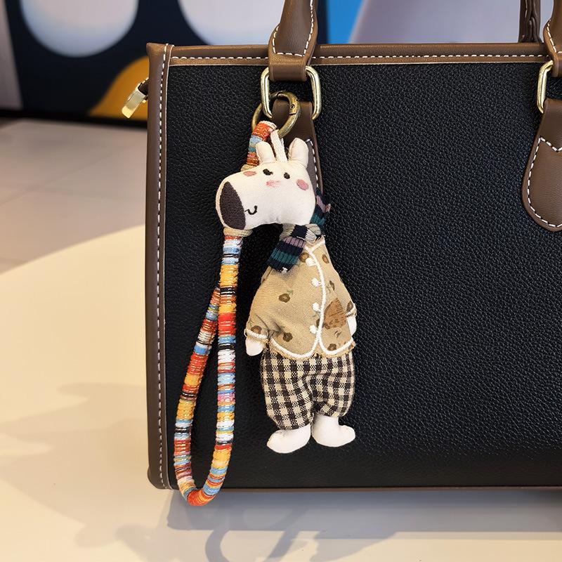 Cute Dressed Hippo Bag Charm, Handmade Fabric Hippo Keychain with Colorful Braided Rope