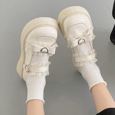 Fashion Sweet Lace Bowknot Lolita Shoes Women 2024 Heart Buckle Platform Mary Janes Woman Cute Thick Bottom Non-slip JK Shoes Women Heel