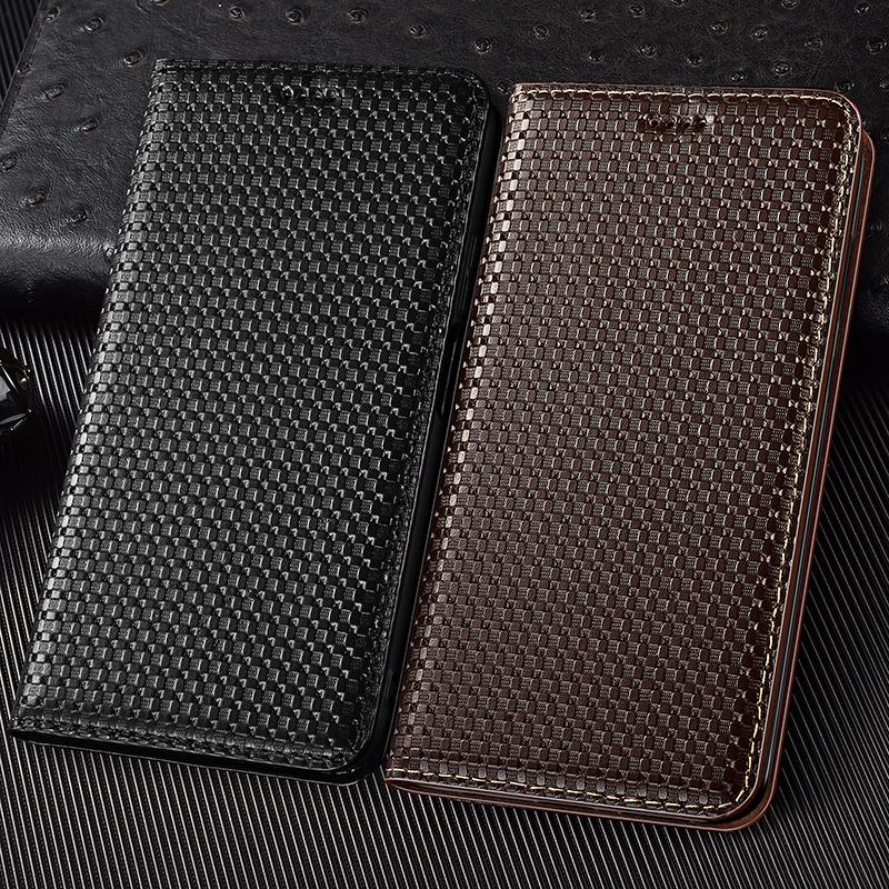 Grid Genuine Leather Flip Case for Samsung Galaxy S9 S10 S10e S20 S21 S22 S23 S24 S25 FE Plus UItra Edge Wallet Cover Cases