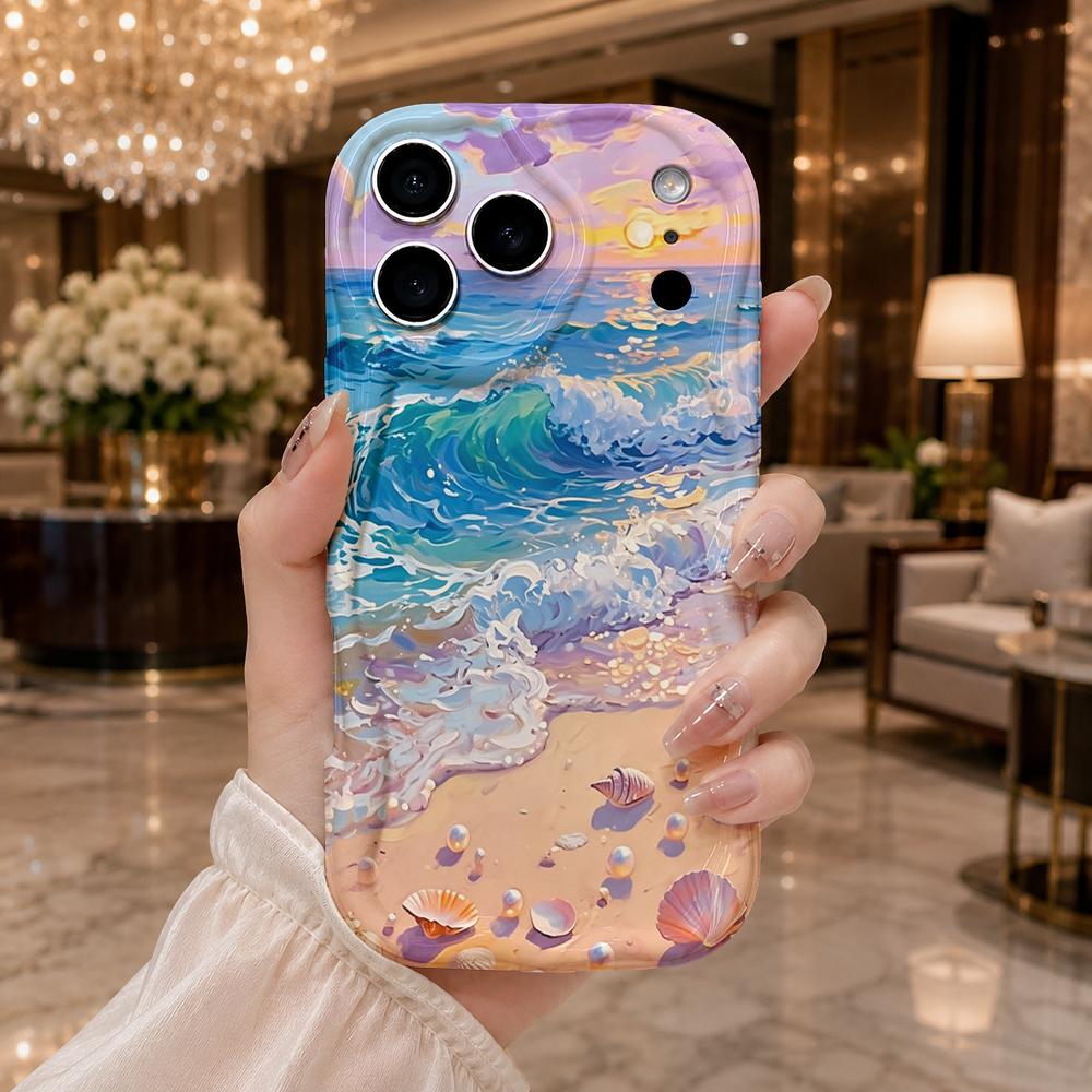 Ocean Wave And Seashell Pattern Wavy Edge Phone Case For iPhone 17 16 15 14 13 12 11 Pro Max Plus 8 7 Shockproof Cover