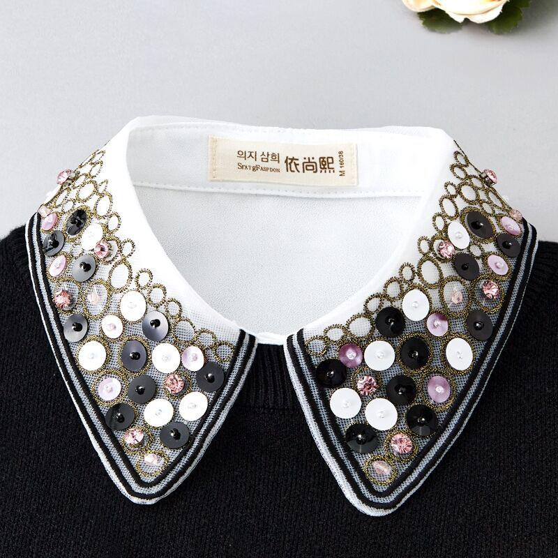 Elegant Sequined Fake Collar Shirt Women Blouse Half Shirt Beaded False Collars Woman Detachable Removable Faux Col Neckwear Tie