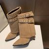Belt Buckle Mid-leg Boots Autumn New Pointed Toe Sleeve Studded Metal Buckle Thin Folkel Boots