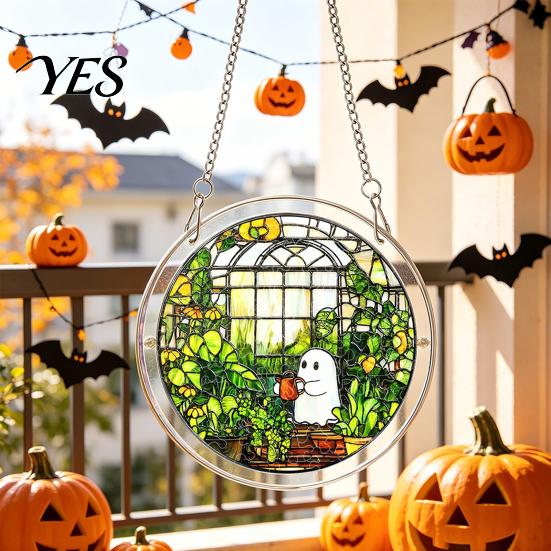 Transparent Stained Glass Halloween Acrylic Puzzle Decor, 2D Ghost Pumpkin Skeleton Hanging Sign, Faux Holiday Spooky Decorations for Party