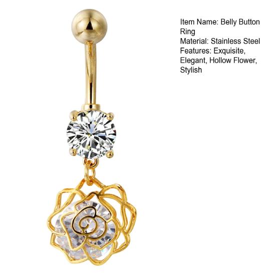 Belly Button Rings Stainless Steel Hollow Flower Dangle Body Piercing Jewelry Rhinestone Navel Ring for Women