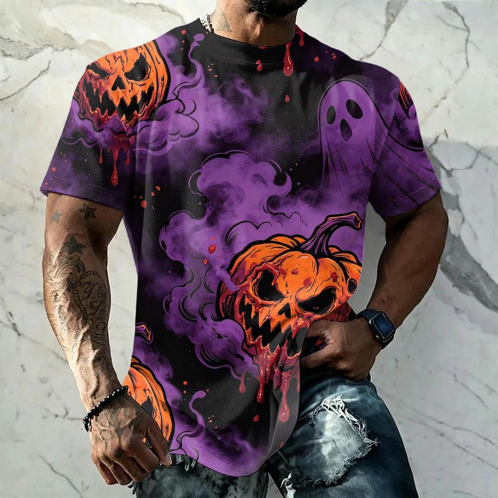 Men's Halloween Print Vintage Texture Short Sleeve T Shirt Loose Breathable Summer Sports Street Casual Daily Wear Top