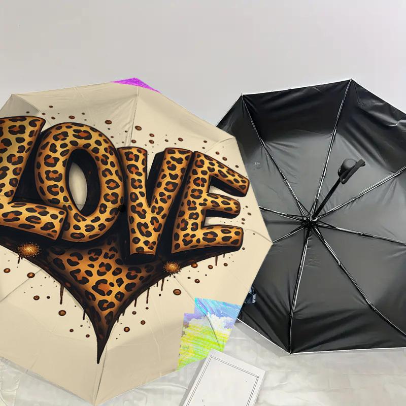 1pc love leopard print Automatic Open/Close Umbrella Compact Folding Umbrella with 8-Rib Shaft for Women/Men, Elegant Birthday1183S