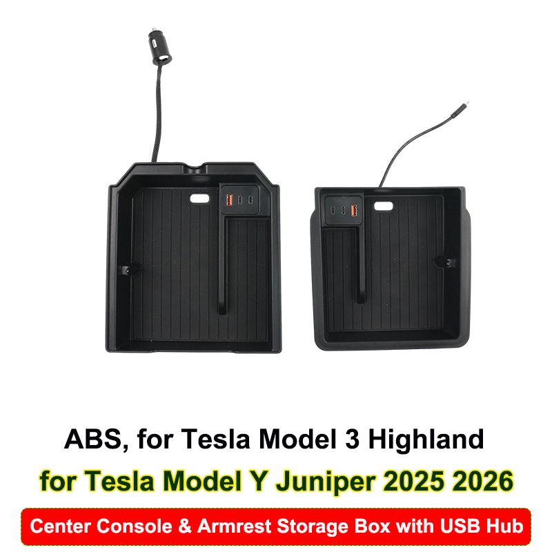 For Tesla Model Y Juniper 2025 Center Control Armrest Storage Box Model3 Highland USB Type C Charging Hub Glasses Clip Organizer