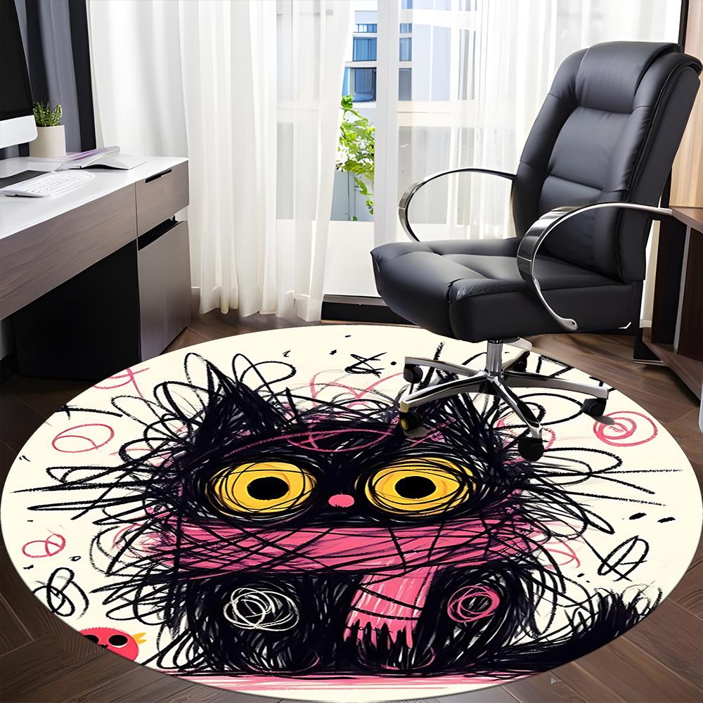 1pc Whimsical Feline Office Round Area Rug, Indoor Mat Suitable ForOffice, Under Office Chairs Bedroom Living Room Home Decor, Room Deco u44
