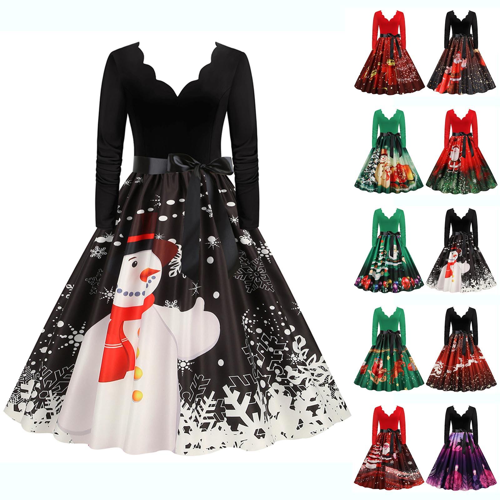 Женское модное рождественское повседневное тонкое платье с длинным рукавом с принтом — фото 3