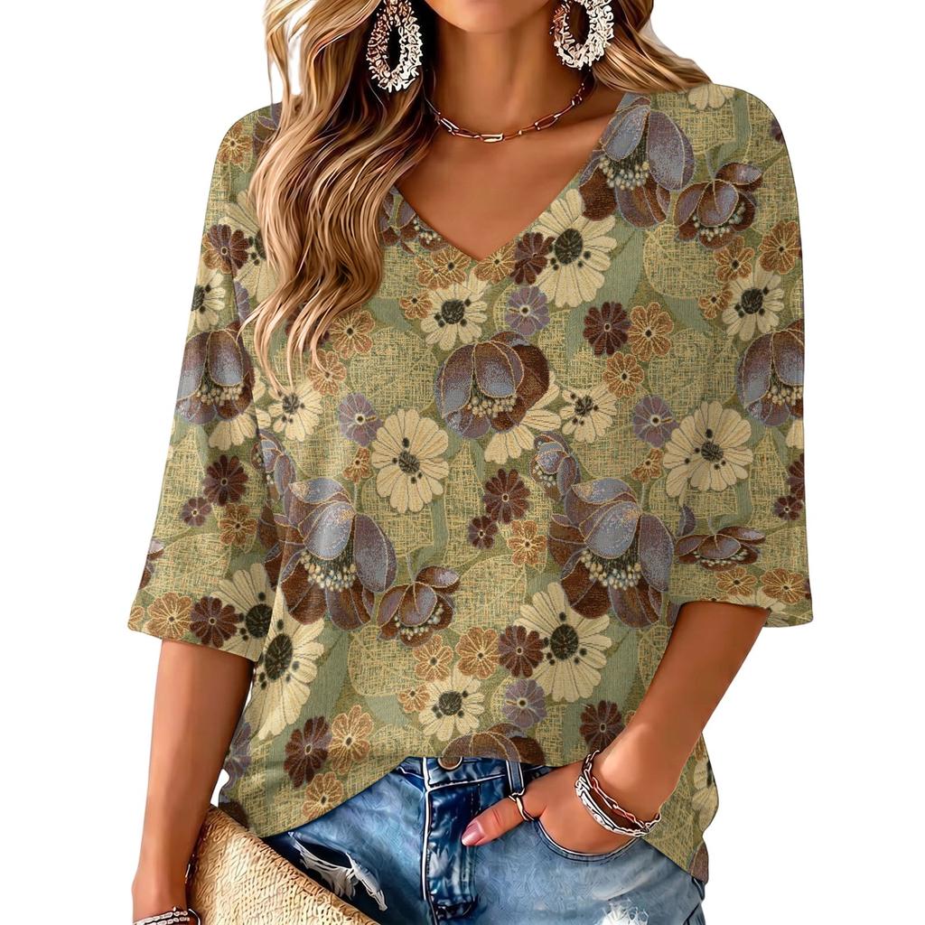 Women's Floral Print V-Neck Blouse Lightweight for Spring and Summer