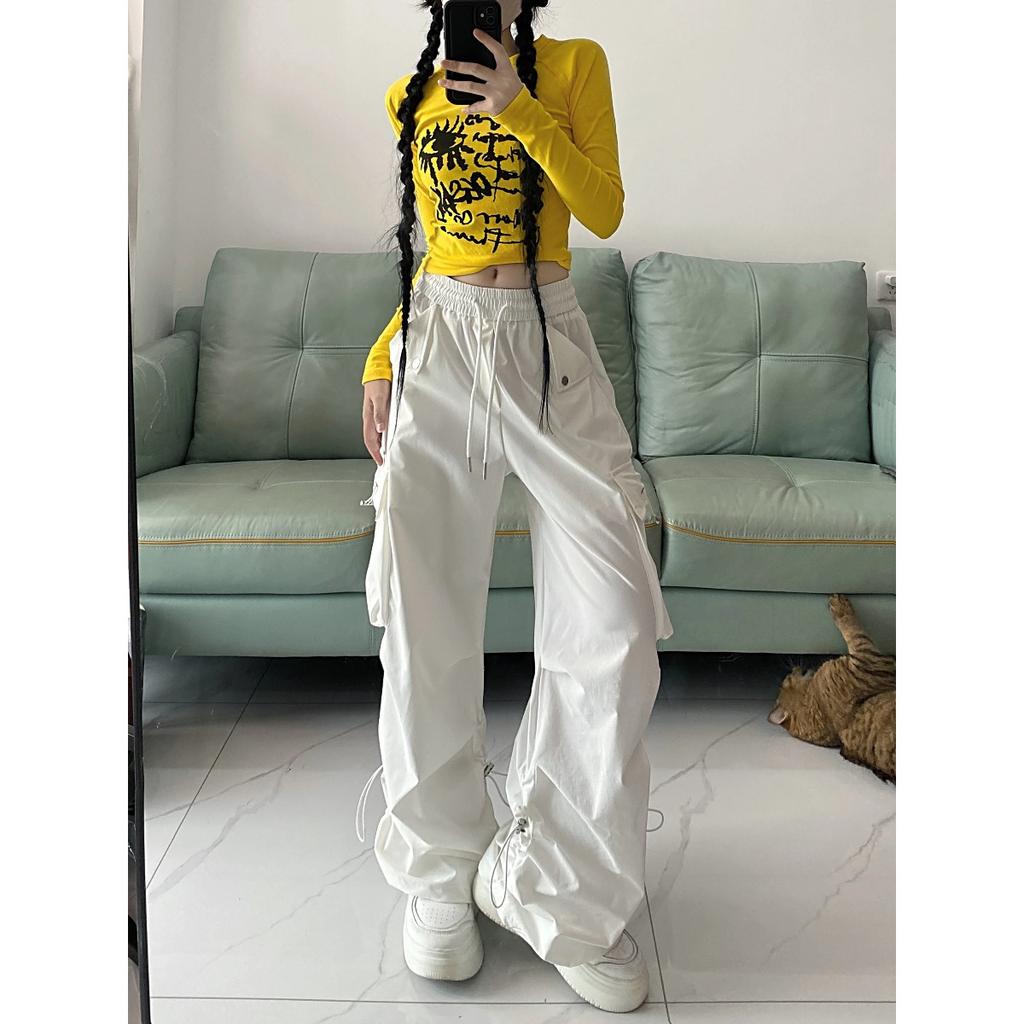 American Style Large Pocket Cargo Pants Women's Spring Summer New Style Wide Leg Pants Loose Slimming Casual Sports Pants