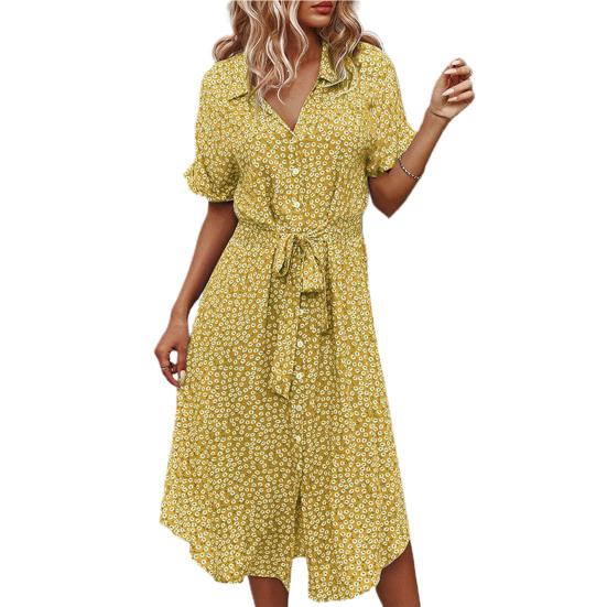 

Lapel V-neck Short Sleeve Women Dress Single-breasted Belt Split Hem Sweet Floral Print Shirt Midi Dress L лимонно-жовтий колір