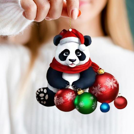 Panda Christmas Ornament 2D Acrylic Cartoon Panda Christmas Tree Hanging Ornament Cute Car Interior Accessories for Car Rear View Mirror Xmas