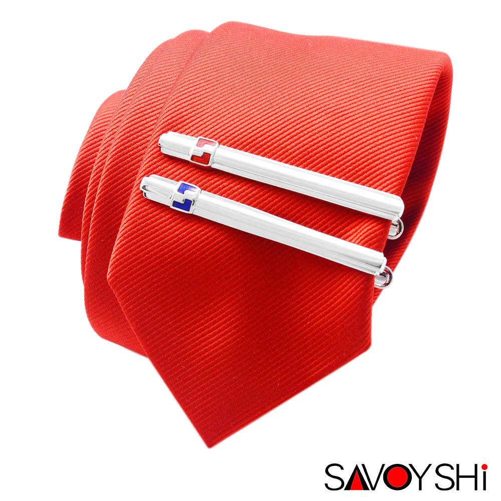 Savage Metal Minimalist Red & Blue Meander Tie Clip and Cufflinks Set