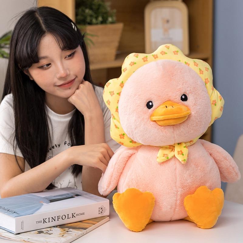 Lovely Fuzzy Duck Plush Toys Cartoon Stuffed Soft Duck with Flowers Plush Pillow Kawaii Room Decor Appease Dolls
