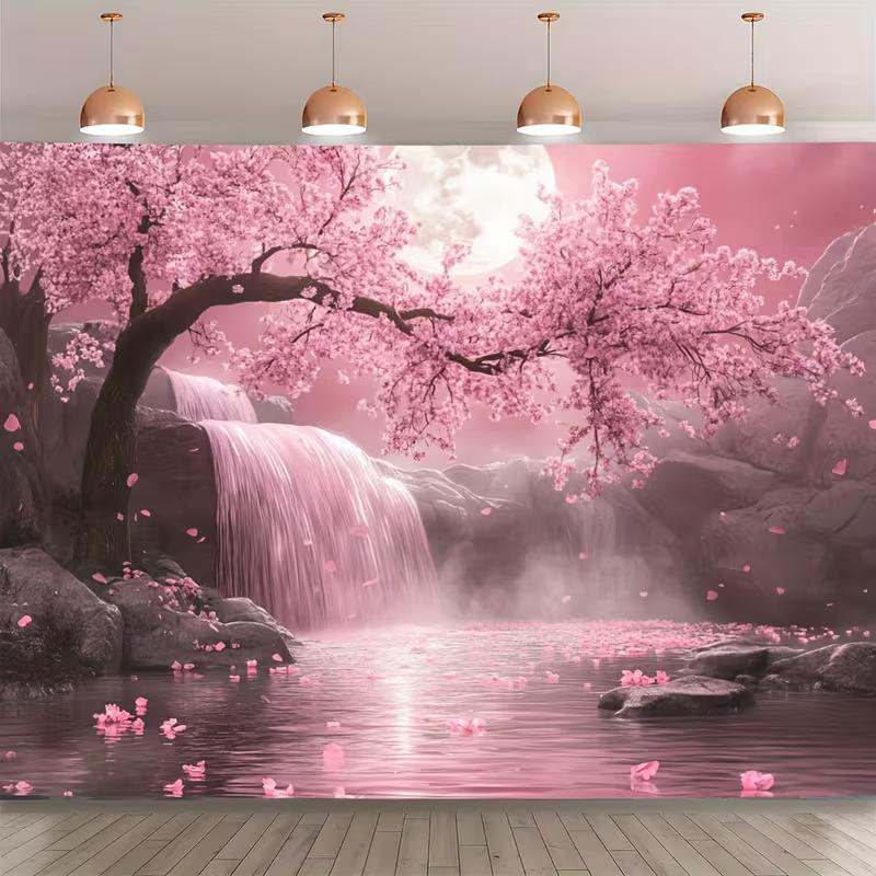 2D Pink Sakura Waterfall Background Cloth Night Moon & Floral Party Banner