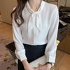 [SYitong] Women's Long-Sleeved Blouse, Stylish, White & Blue, Office Wear, Commuting, Relaxed Fit, Solid Color, Spring/Summer, Plus Sizes, Ribbon Blou