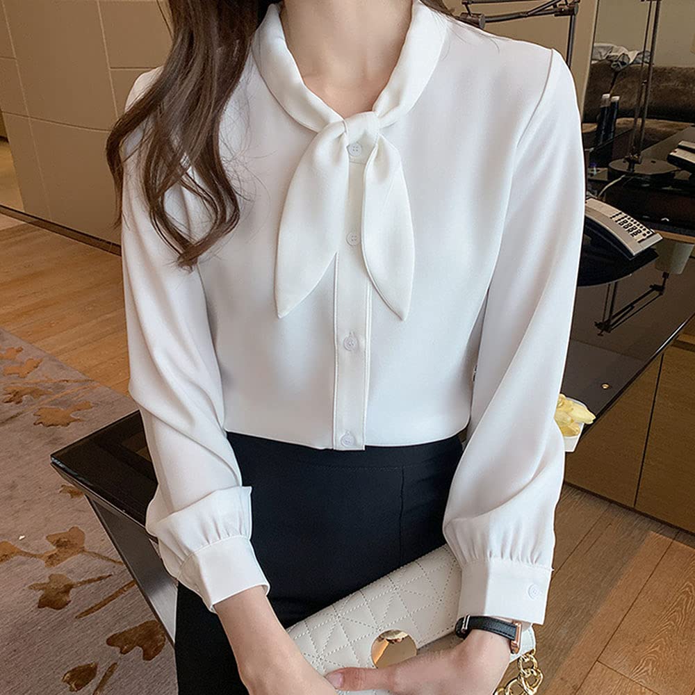 [SYitong] Women's Long-Sleeved Blouse, Stylish, White & Blue, Office Wear, Commuting, Relaxed Fit, Solid Color, Spring/Summer, Plus Sizes, Ribbon Blou