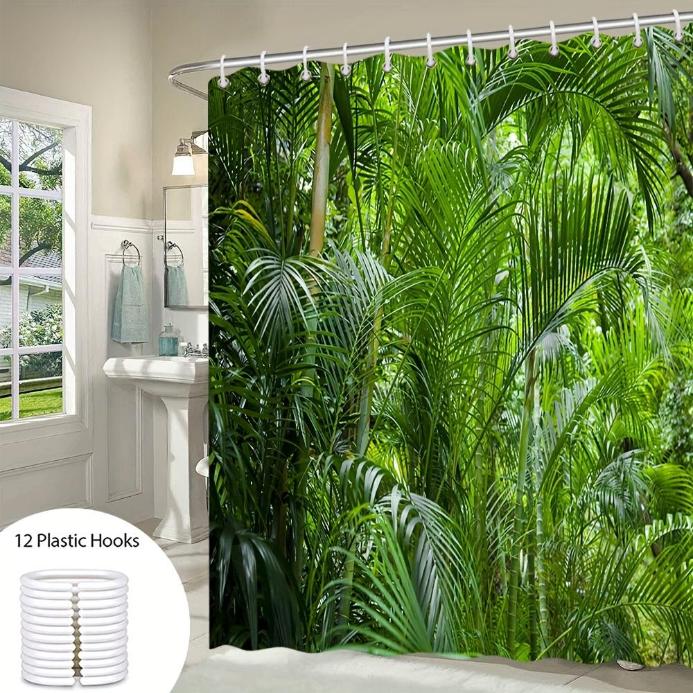 Tropical Green Plant Shower Curtain - Natural Jungle Scenery, Polyester, Washable, Includes Hooks For Bathroom Decor