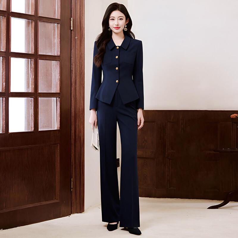 Women's Navy Polo Collar Blazer Suit Set