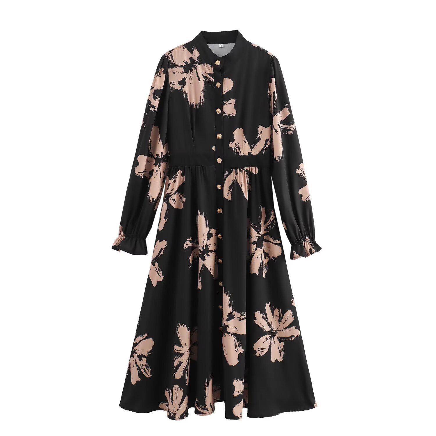 

Летнее женское платье 2024 года в европейском и американском стиле с цветочным принтом, воротником-стойкой и длинными рукавами Medium цветочный