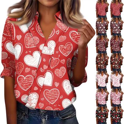 Women's 3/4-Sleeve V-Neck Shirt Printed Workwear Casual Regular Shirt Collar Top