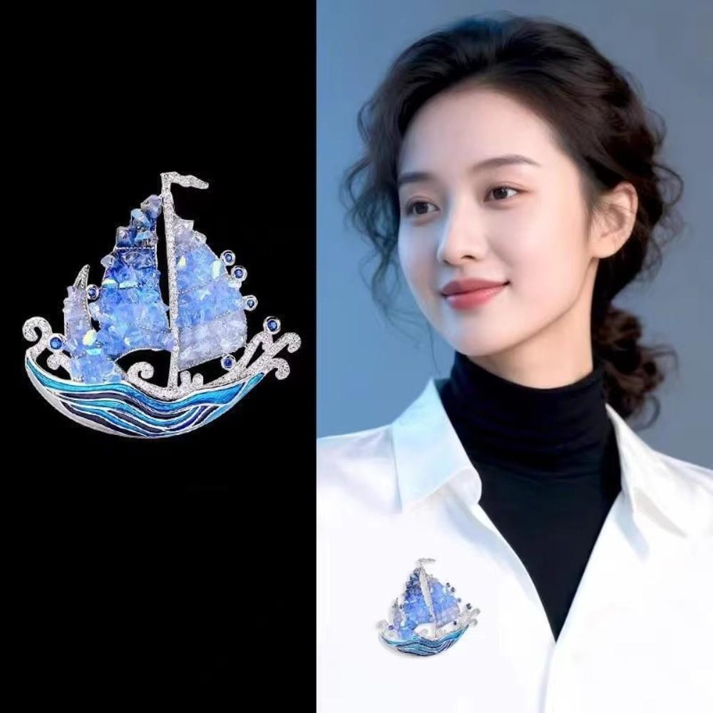 Fashion Blue Crystal Lucky Ship Brooch Pins Handmade DIY Enamel Brooch Rhinestones Jewelry Lapel Pin Accessories Women