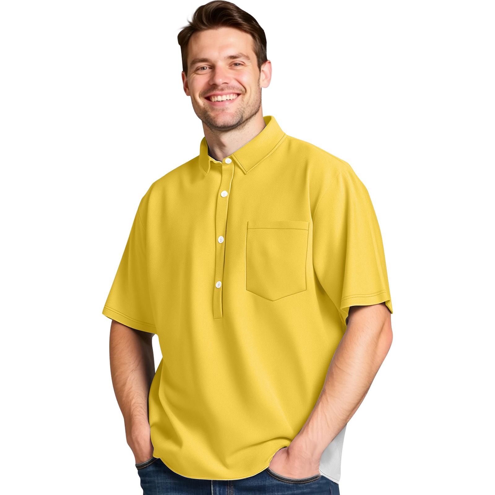 

Мужская летняя однотонная рубашка с четырехсторонними эластичными лацканами и карманами на пуговицах, повседневная спортивная рубашка с короткими рукавами XL жёлтый