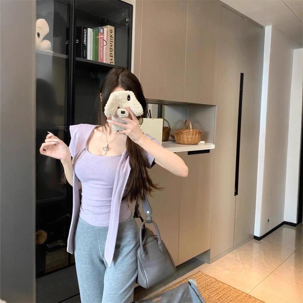 Women's Summer Slim Fit Purple Spliced Taro Short-Sleeve Shawl Top - Gentle Style, Versatile Slimming Design