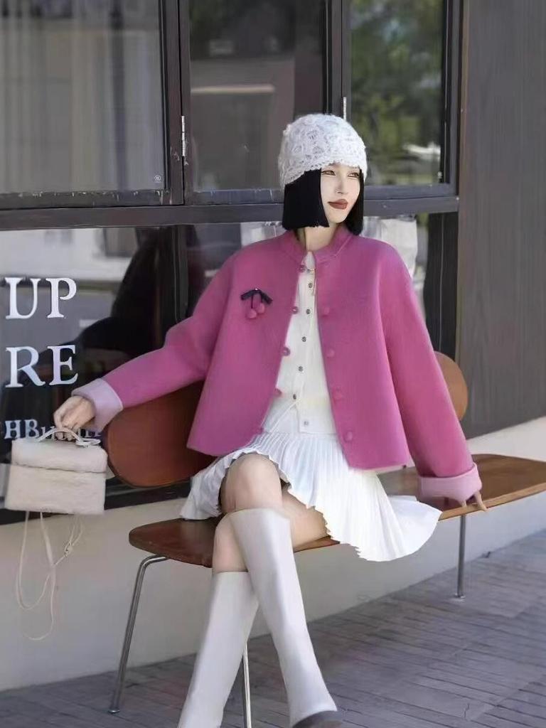 2025 Chinese Style Double-Sided Wool Coat for Women - Short, Elegant, Modern Design for Petite Frames