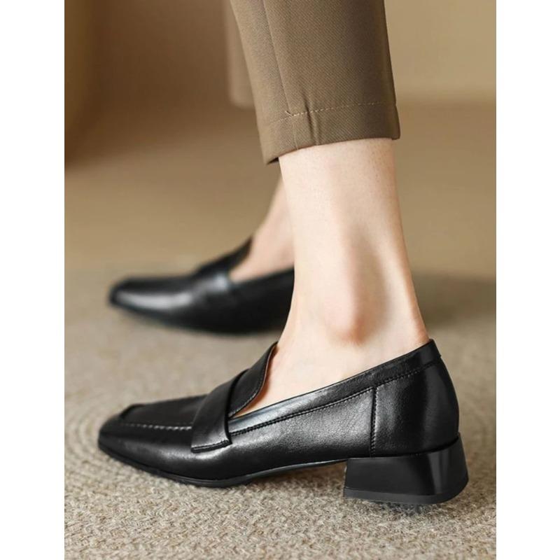 Women's Soft Leather Loafers Spring Autumn Soft Slip On Chunky Heel Versatile Loafers Women British Style Shoes